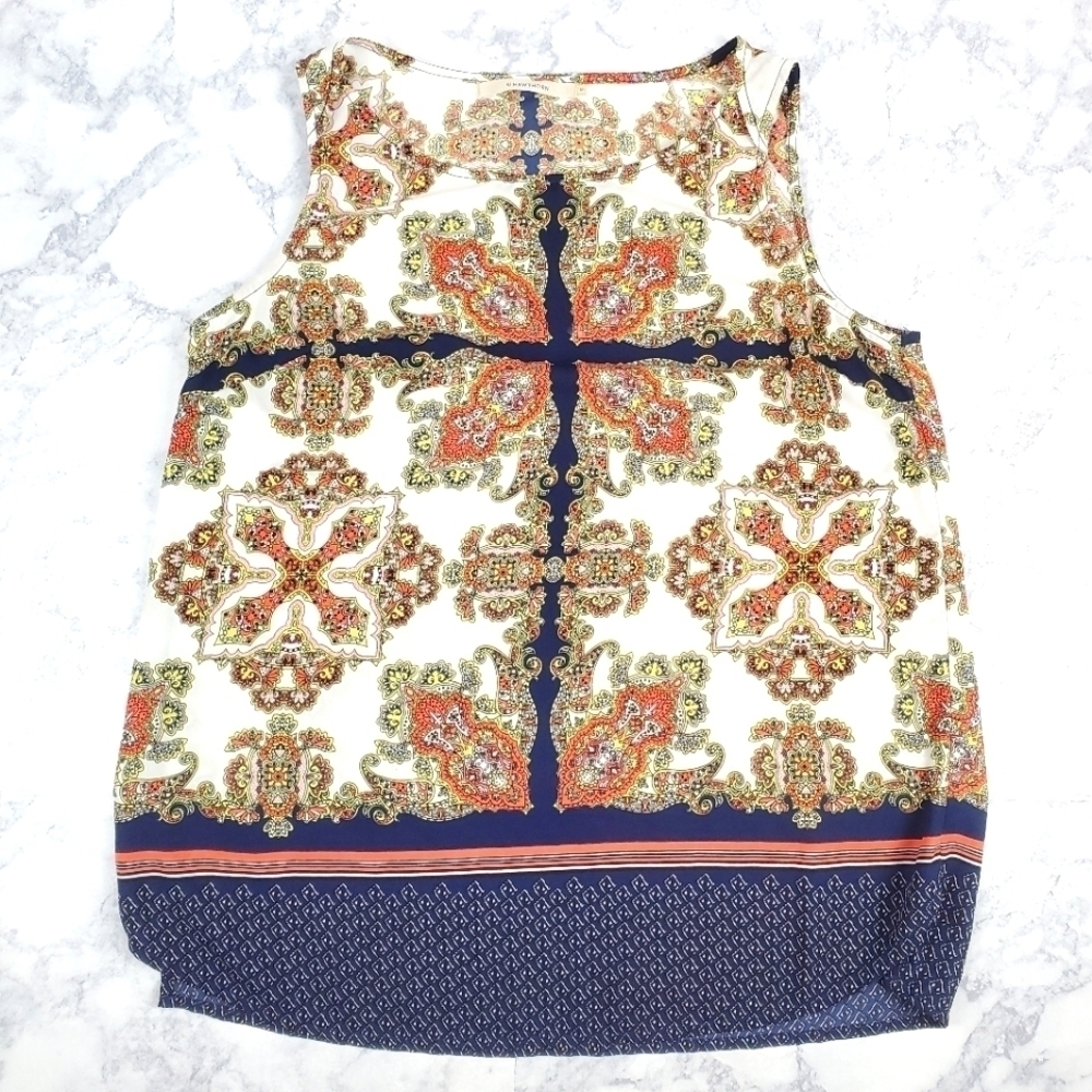 41 Hawthorn Blouse Medium Blue Orange Tan Sleeveless Medallion Print